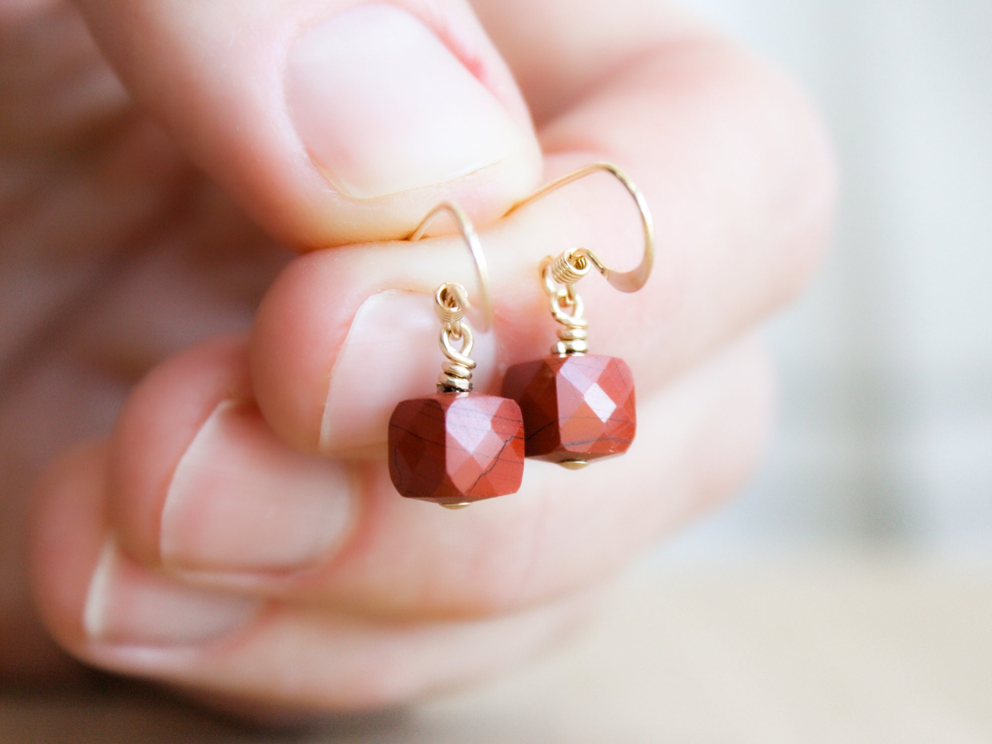 Red Jasper Earrings: 14k Gold Fill Faceted Cube Dangle