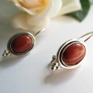 Antique Sterling Silver Red Jasper Earrings, Dangle Drop