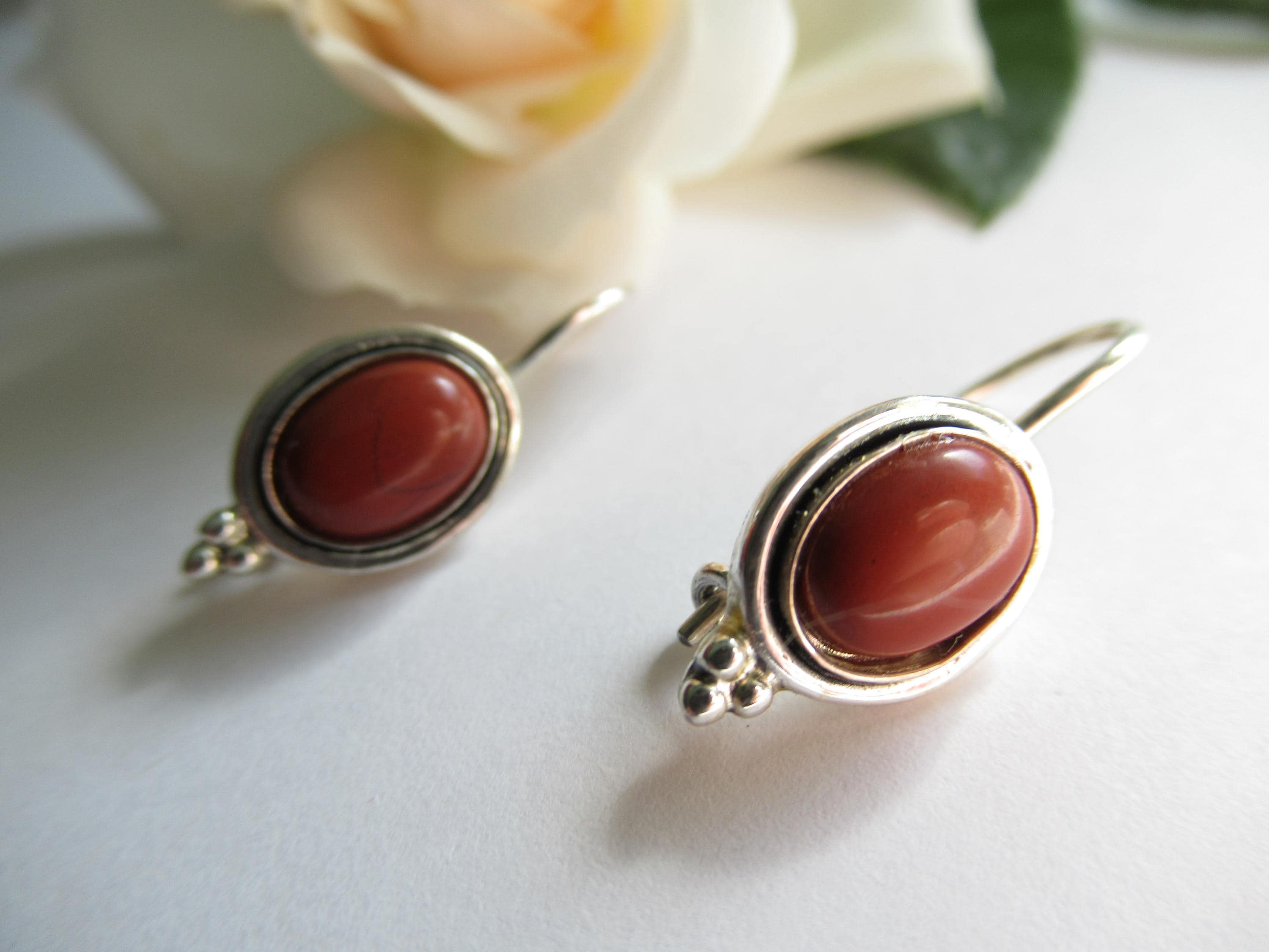 Antique Sterling Silver Red Jasper Earrings, Dangle Drop