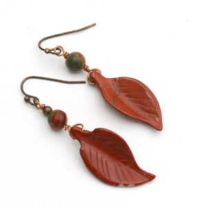 Carved Red Jasper Leaf Earrings: Copper Boho Jewelry