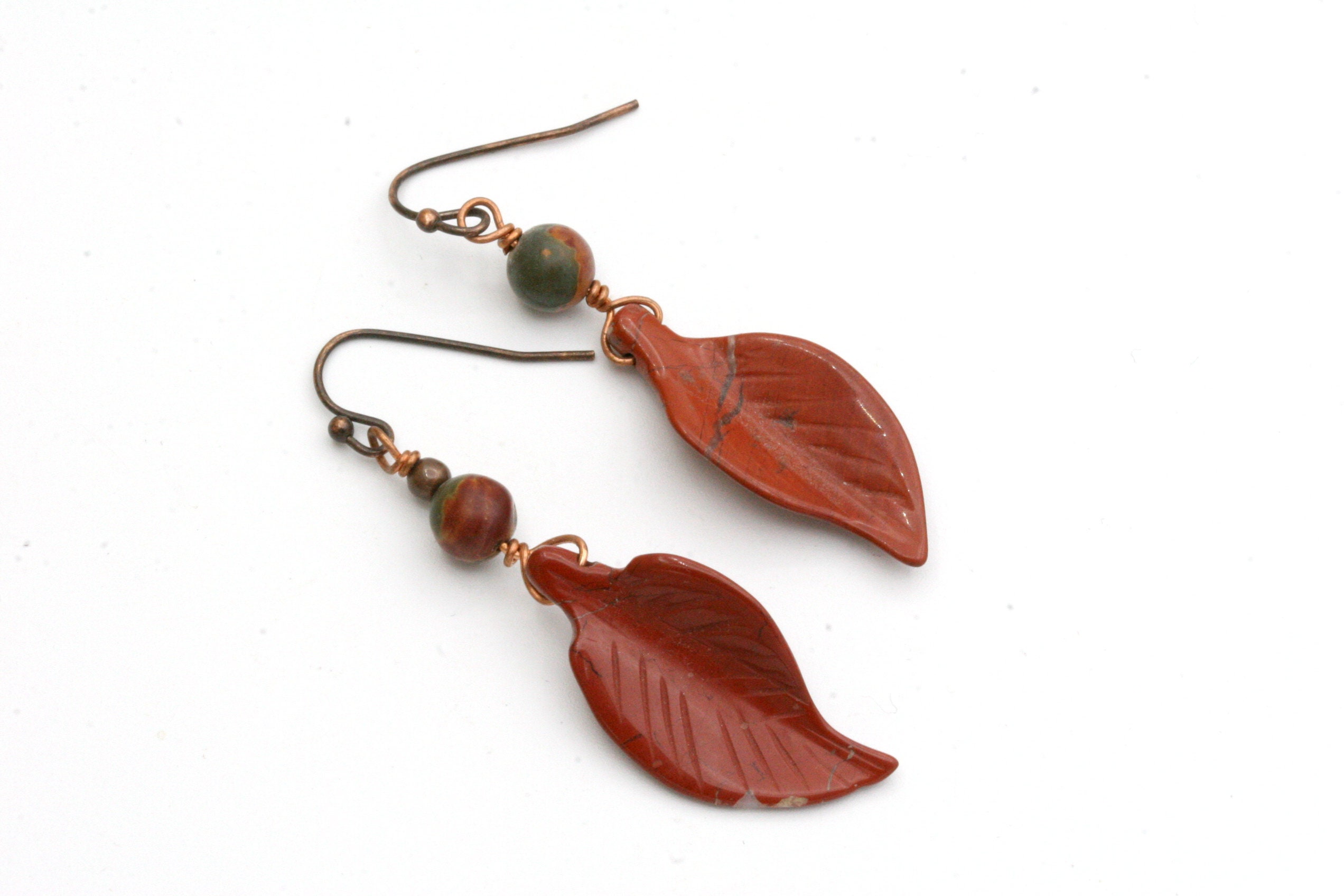 Carved Red Jasper Leaf Earrings: Copper Boho Jewelry