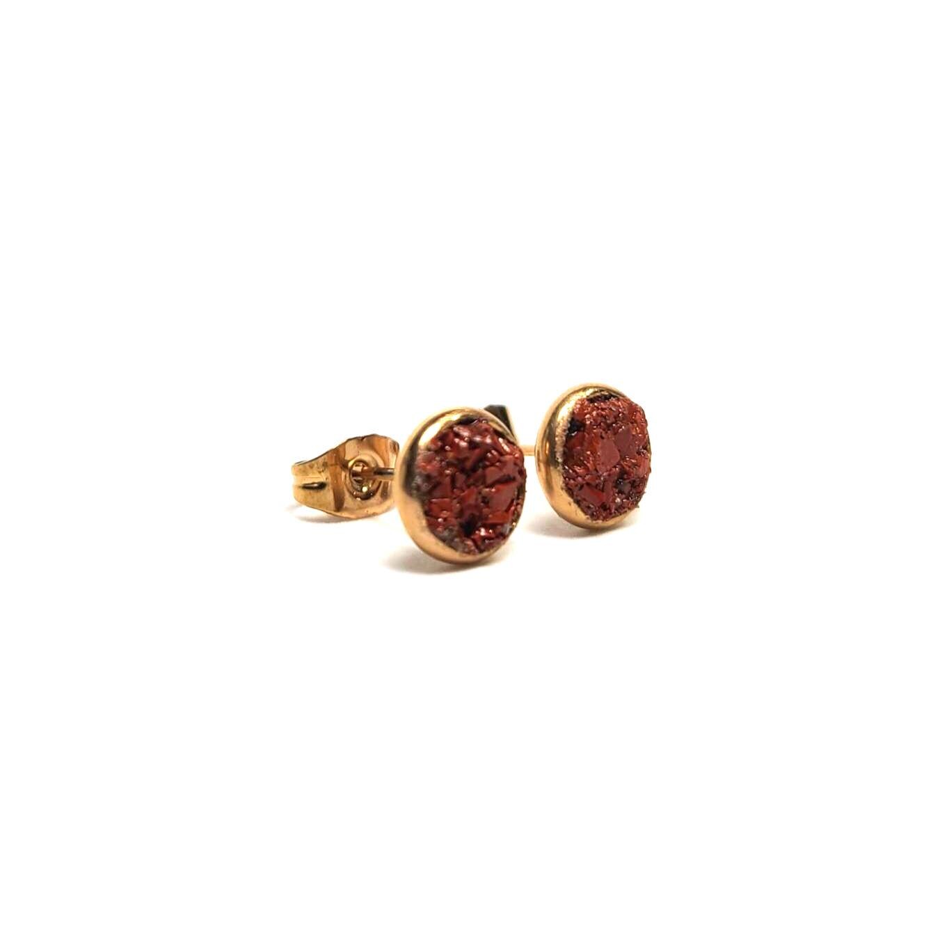 Red Jasper Crushed Stone Rose Gold Plated Stainless Steel 6mm Stud Earrings