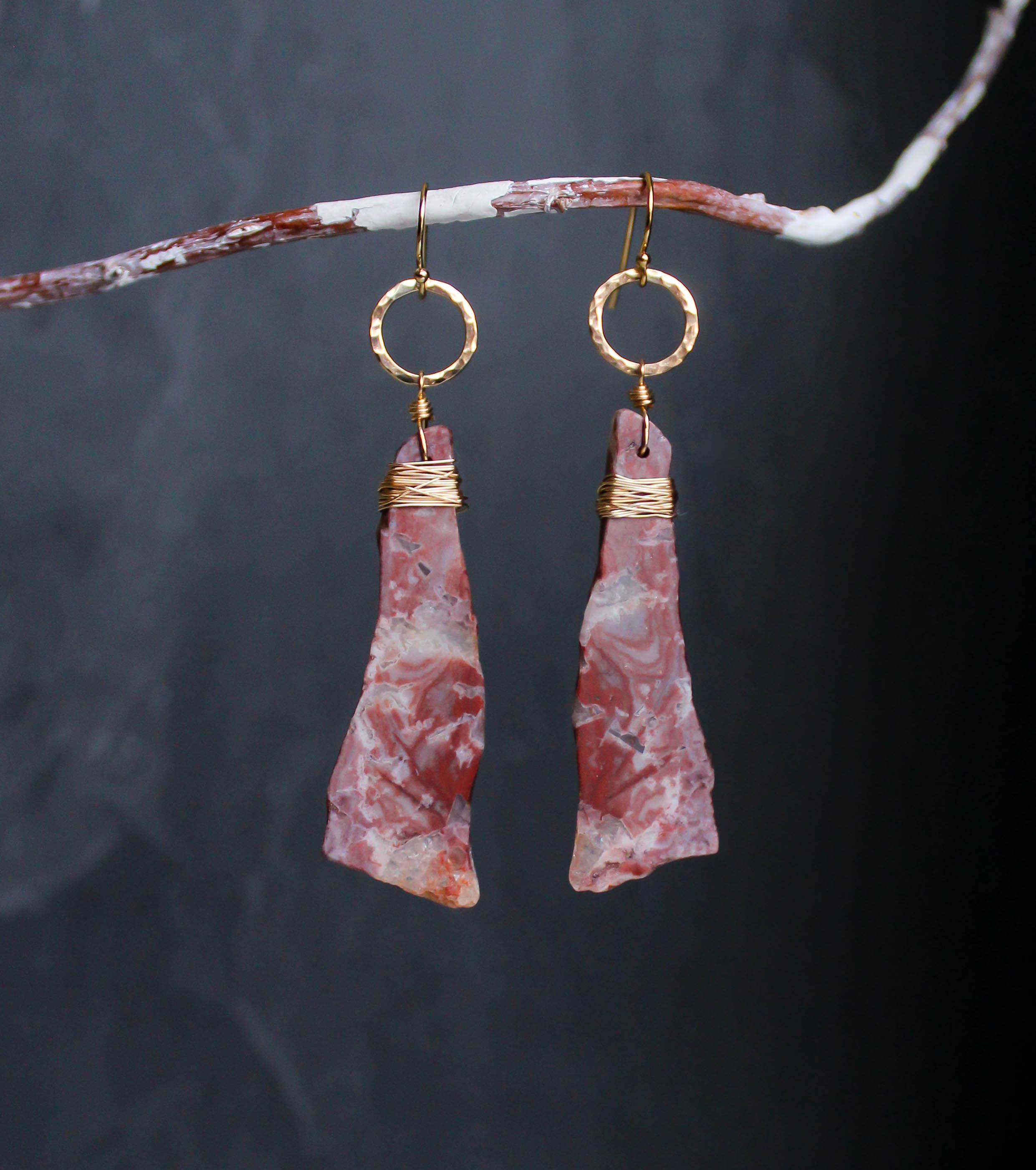 Handmade Red Jasper Earrings With Hammered 14k Gold-filled Rings And Wrapping - Raw Crystal Jewelry - Modern Art Stone Jewelry