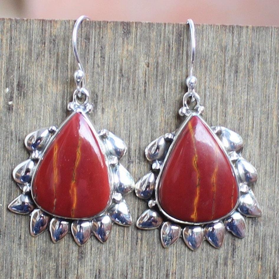 Handmade Red Jasper Sterling Silver Earrings, Statement Jewelry