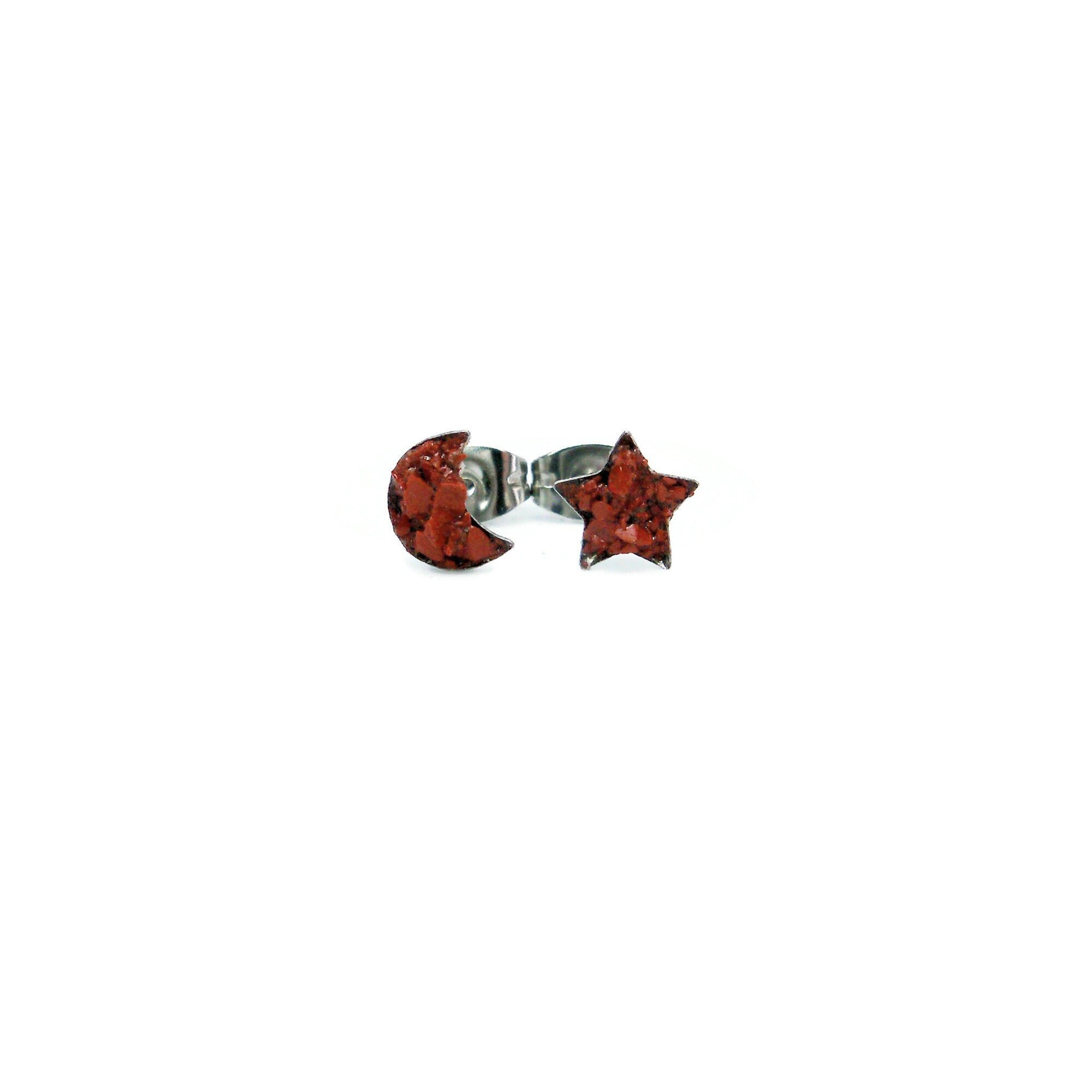 Moon & Star Red Jasper Crushed Stone Hypoallergenic Stainless Steel Stud Earrings Moon & Star Red Jasper Crushed Stone Hypoallergenic Stainless Steel Stud Earrings