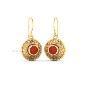 Red Jasper Round Gemstone Vintage Drop Earrings, 18k Gold Finish Dangle Earring For Women, Minimalist Earrings, Anniversary Gift