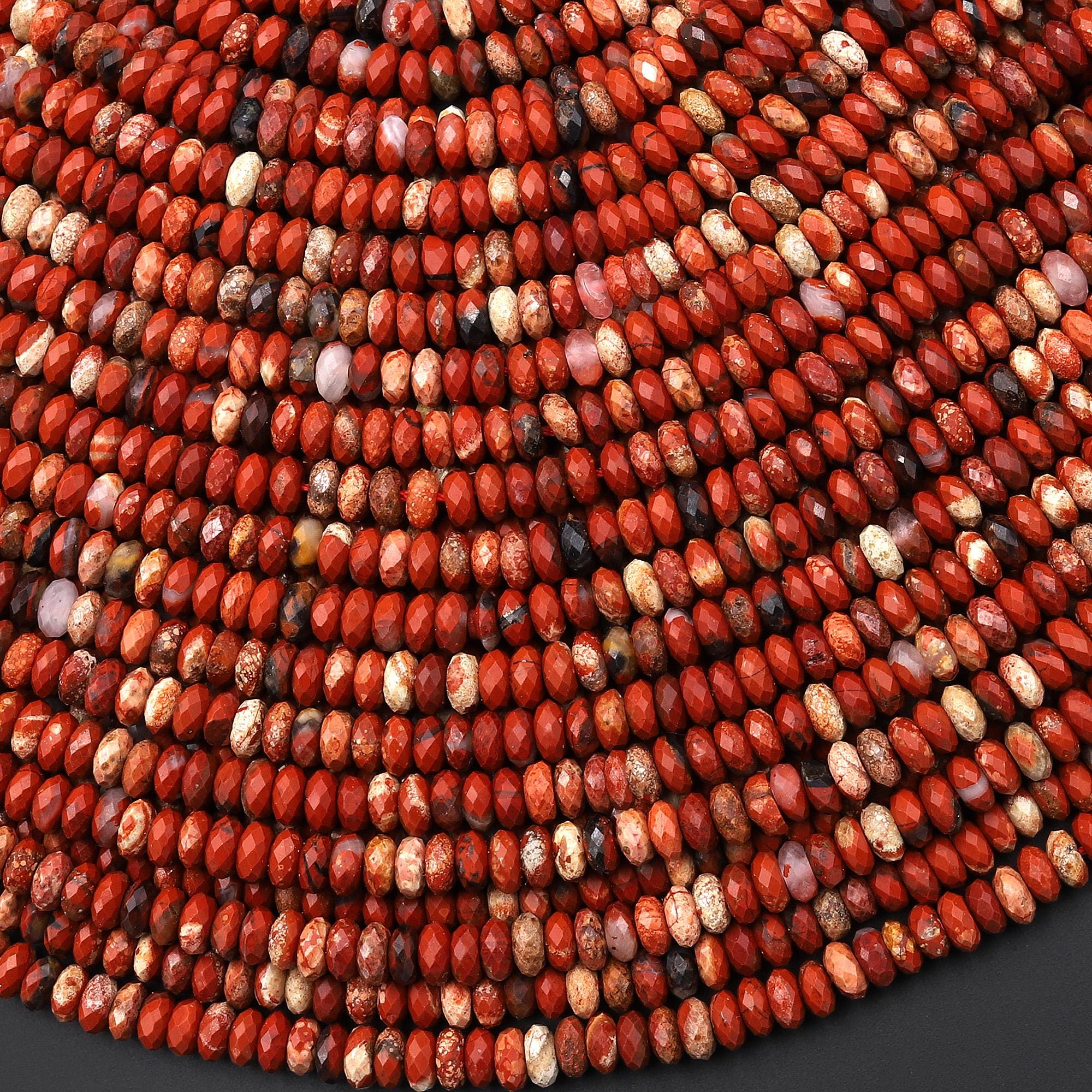 Faceted Natural Brecciated Red Jasper 4mm Thin Rondelle Beads 15.5" Strand