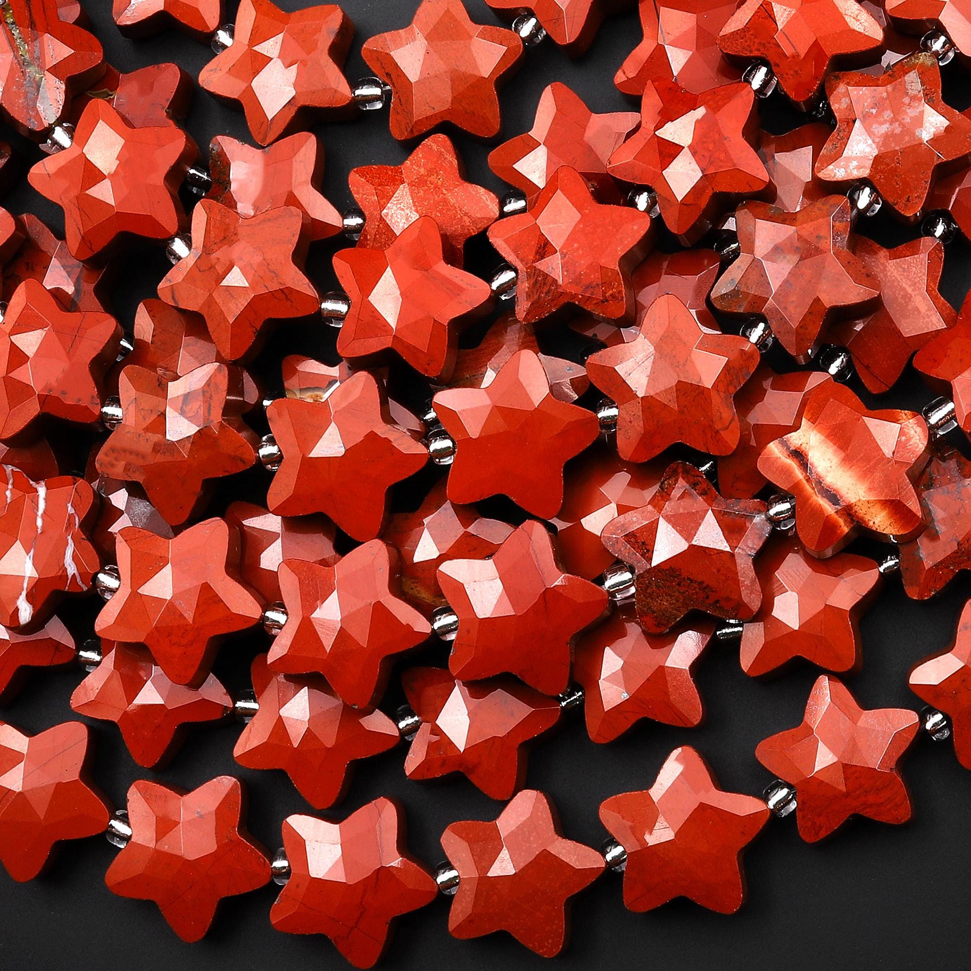Sparkling Faceted Natural Red Jasper Beads 10mm 14mm Carved Star Gemstone 15" Strand