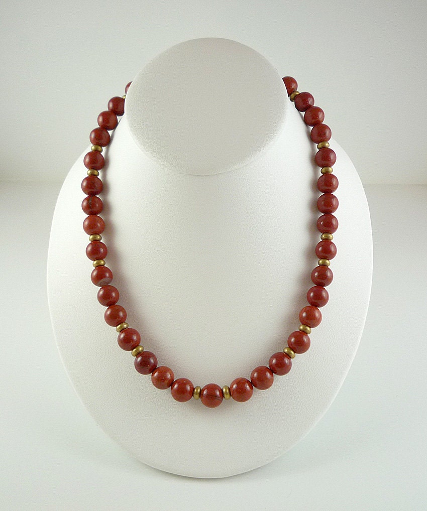 Red Jasper Necklace Brass Jasper Gemstone Bead Necklace Brick Red Short Jasper Strand 18.5 Inch Red Jasper Gemstone And Brass Necklace