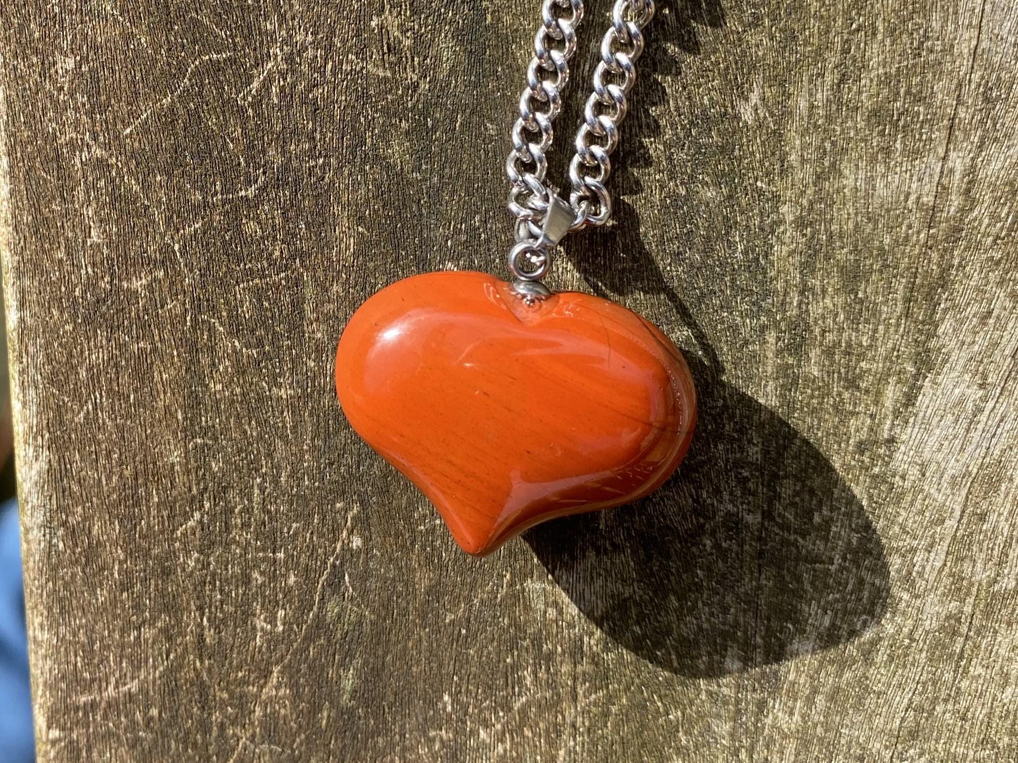 Red Jasper Puffy Heart Healing Stone Necklace With Positive Healing Energy!