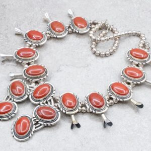 Red Jasper Squash Blossom Necklace, Sterling Silver, Southwest Jewelry Red Jasper Squash Blossom Necklace, Sterling Silver, Southwest Jewelry