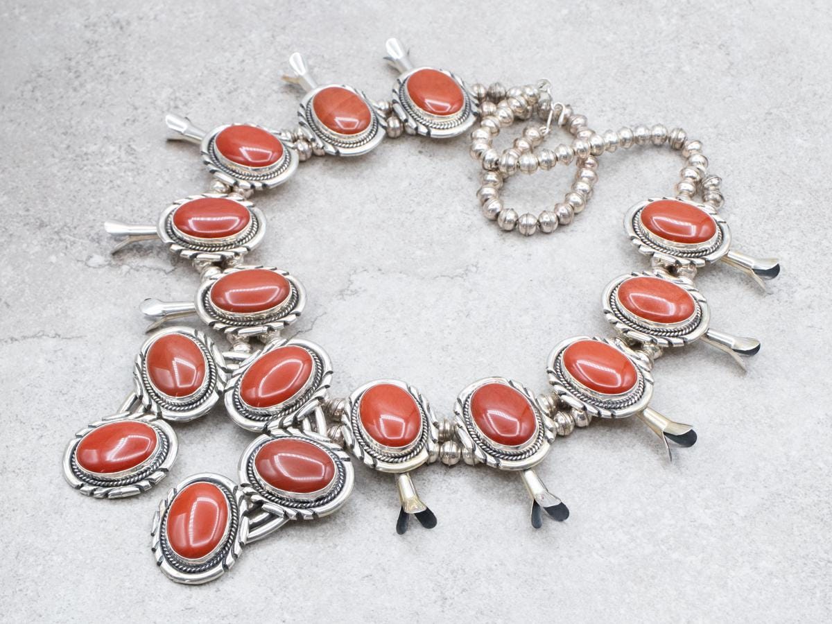 Red Jasper Squash Blossom Necklace, Sterling Silver, Southwest Jewelry Red Jasper Squash Blossom Necklace, Sterling Silver, Southwest Jewelry