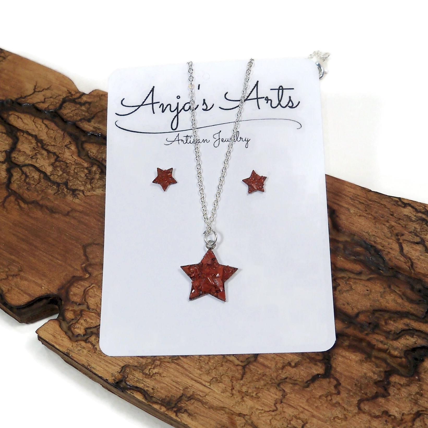 Star Red Jasper Jewelry Set Stud Earrings 18" Necklace Crushed Stone Gift Set