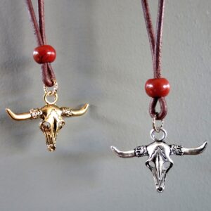 Red Jasper Necklace Wild West Bull Skull On Brown Leather Red Jasper Necklace Wild West Bull Skull On Brown Leather