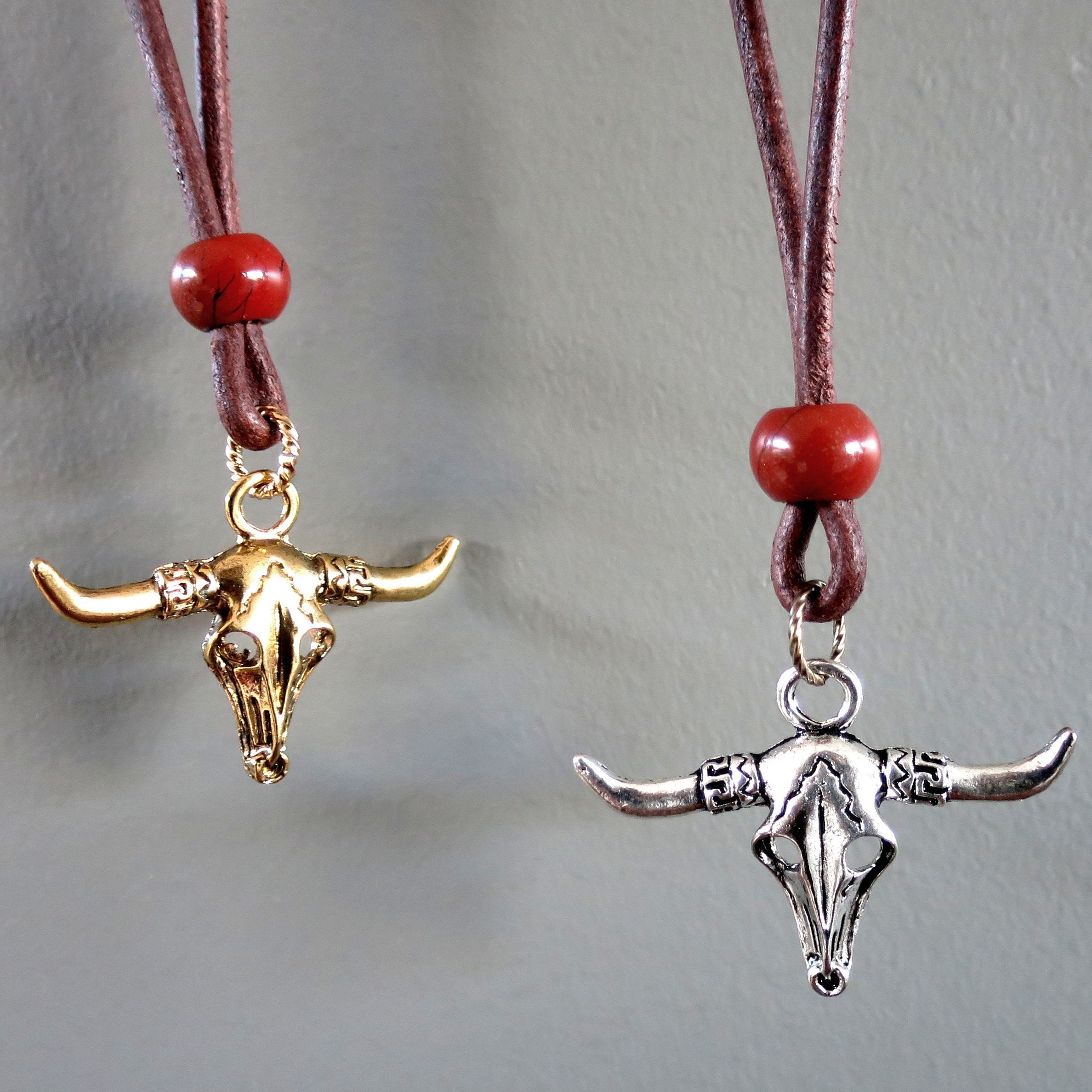 Red Jasper Necklace Wild West Bull Skull On Brown Leather