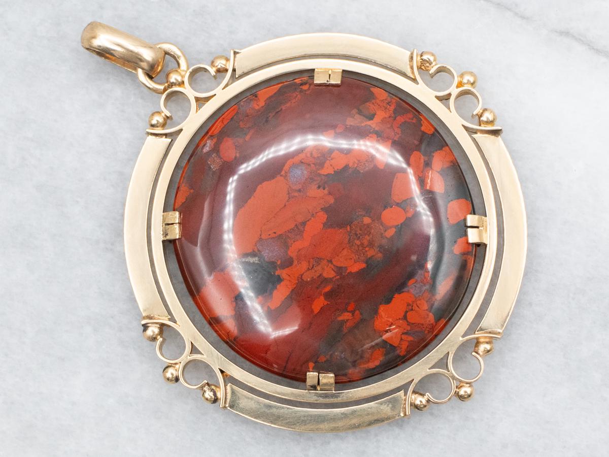 18k Yellow Gold Red Jasper Pendant, Mid-century Modern