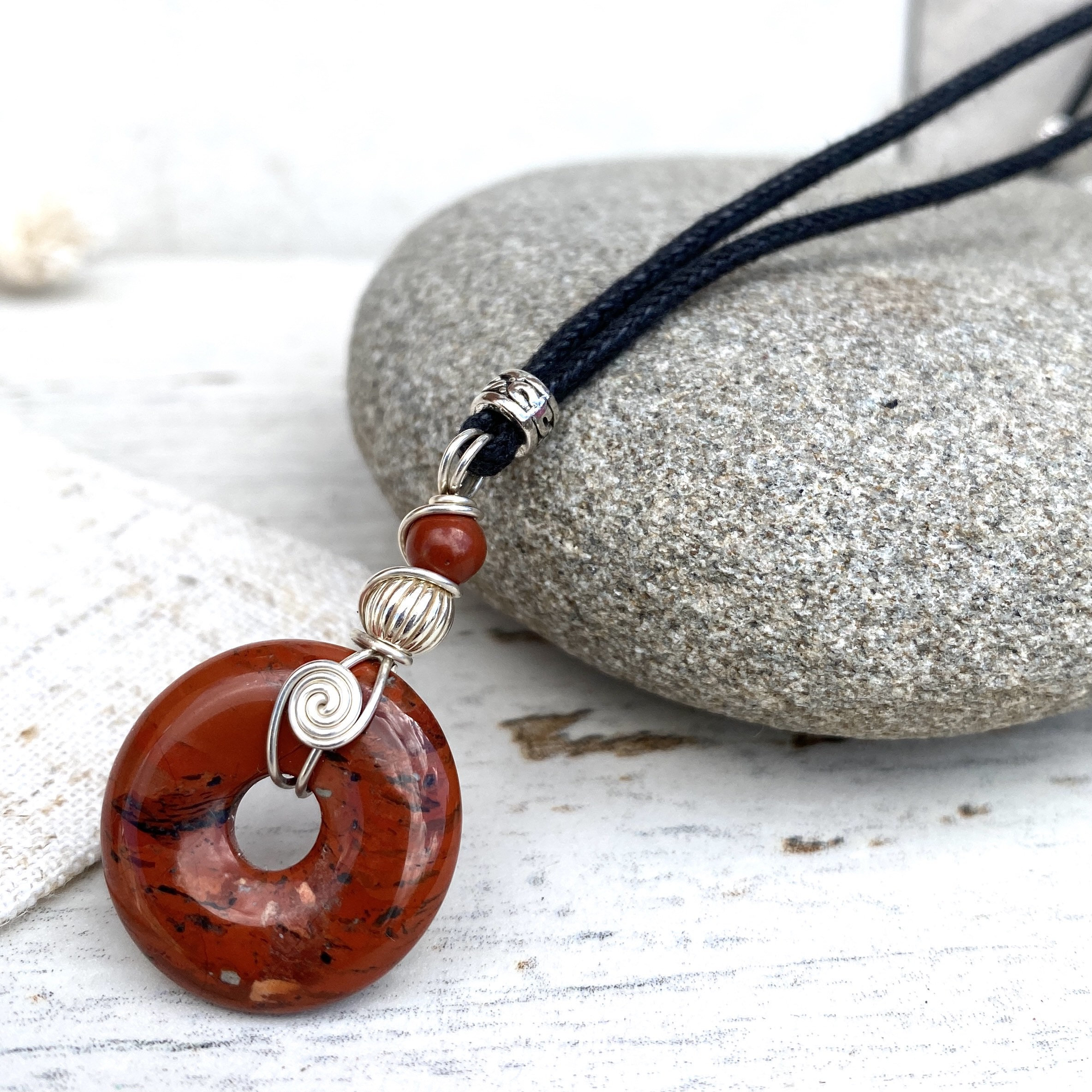 Red Jasper Crystal Necklace For Her, Gift For Success, Stone Pendant On Vegan Leather, Wire Wrapped In Sterling Silver