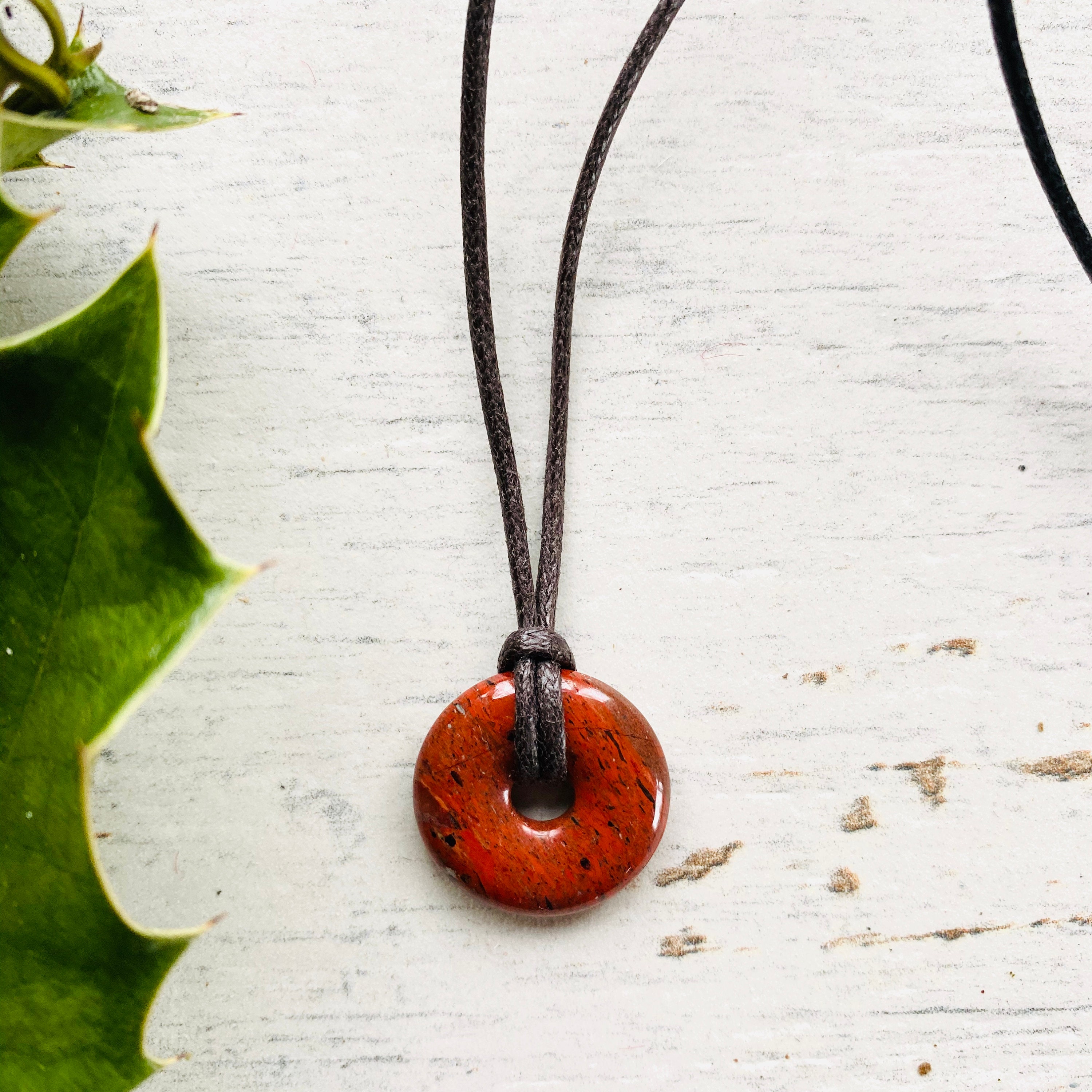 Red Red Jasper Donut Necklace For Boys, Small Gemstone Pi Stone Pendant On Vegan Cord, Teen Crystal Gift With Meaning