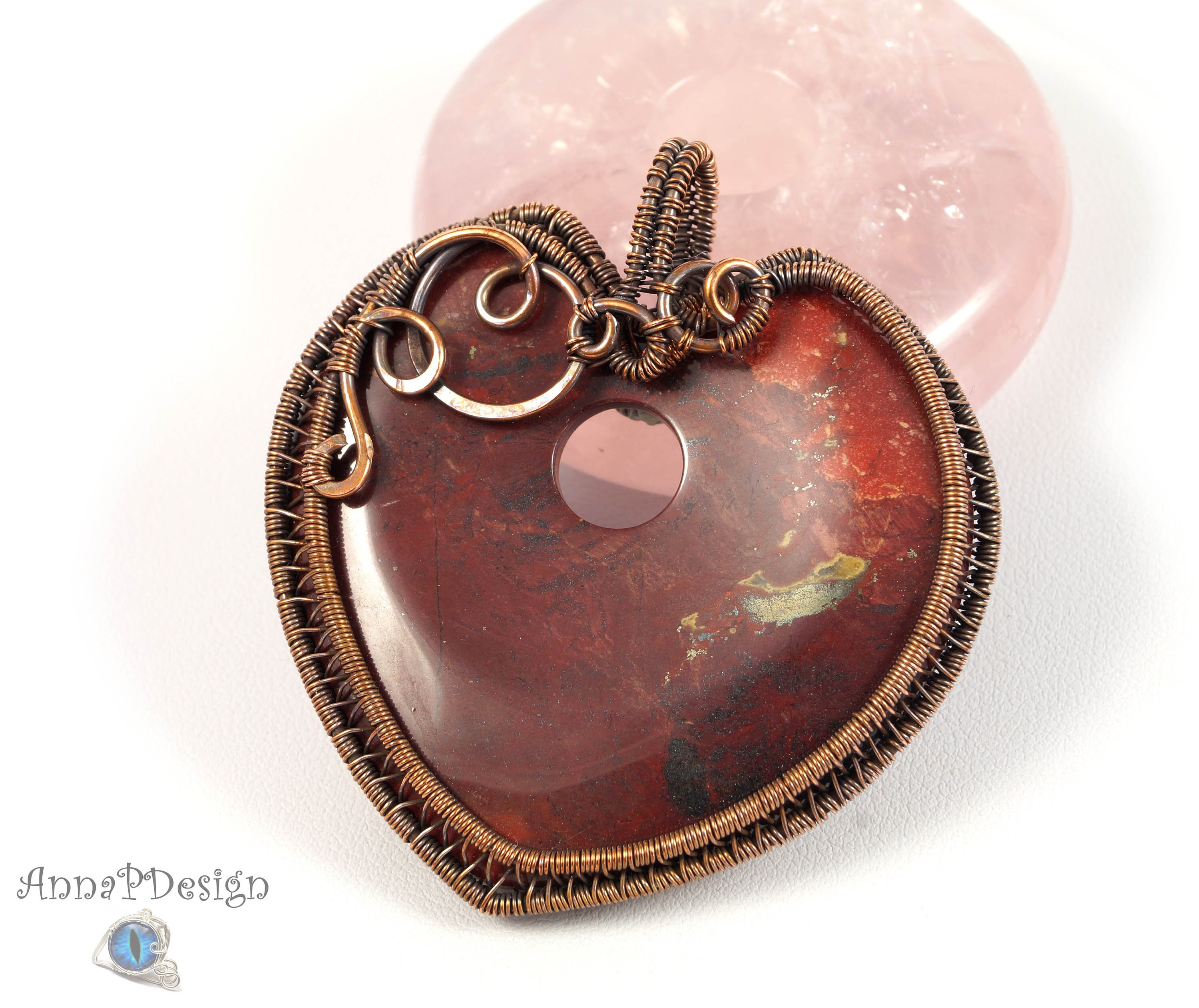 Handcrafted Patinated Copper Wire Wrapped Red Jasper Heart Pendant