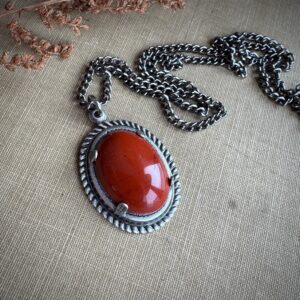 Red Jasper Necklace, Antique Silver Set Cabochon Pendant