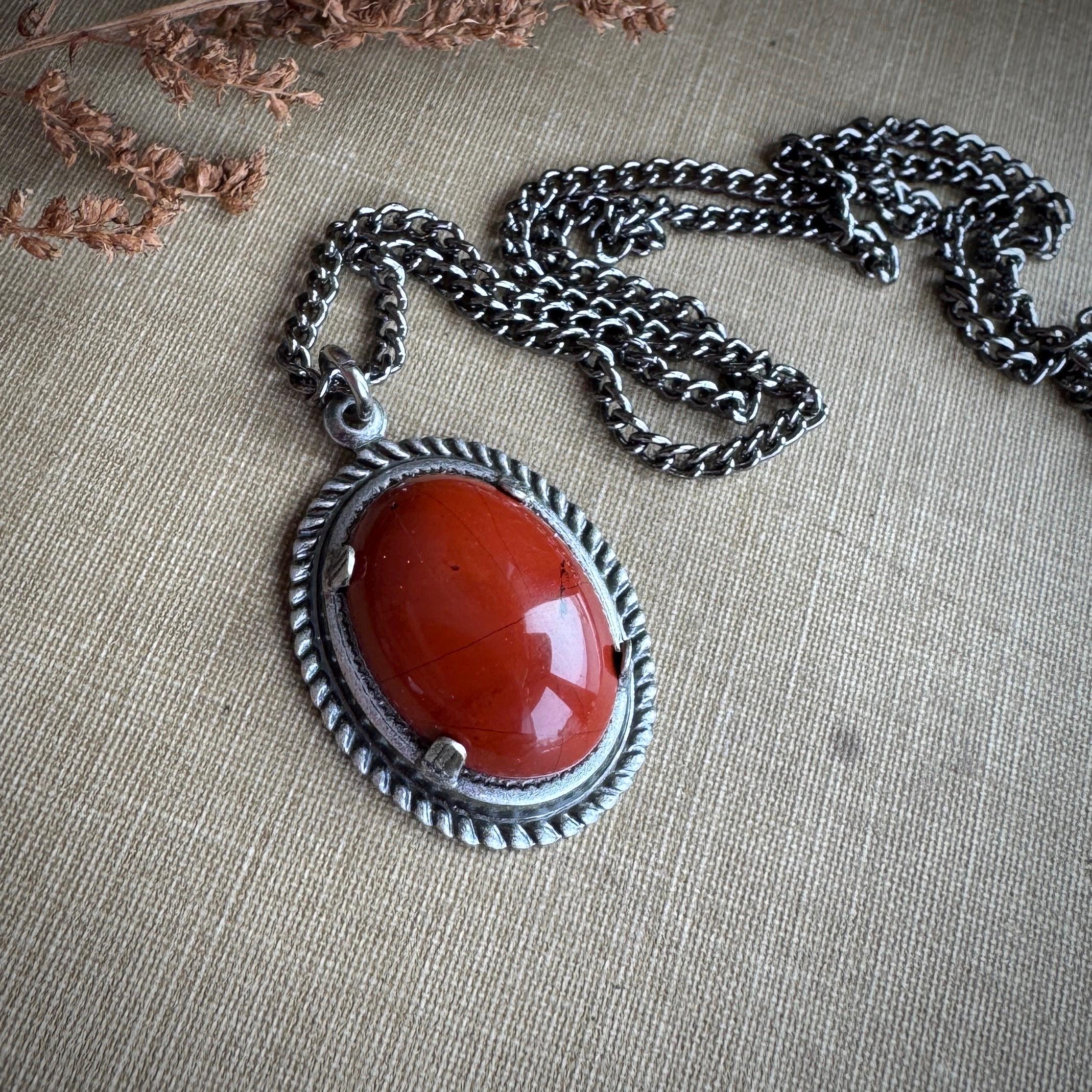 Red Jasper Necklace, Antique Silver Set Cabochon Pendant