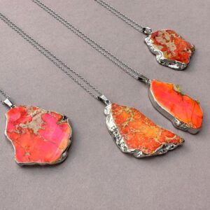 Red Orange Regalite Necklace, Red Jasper Silver Pendant for Man for Woman, Long Necklace, Natural Imperial Jasper Stone, Rustic Boho Jewelry