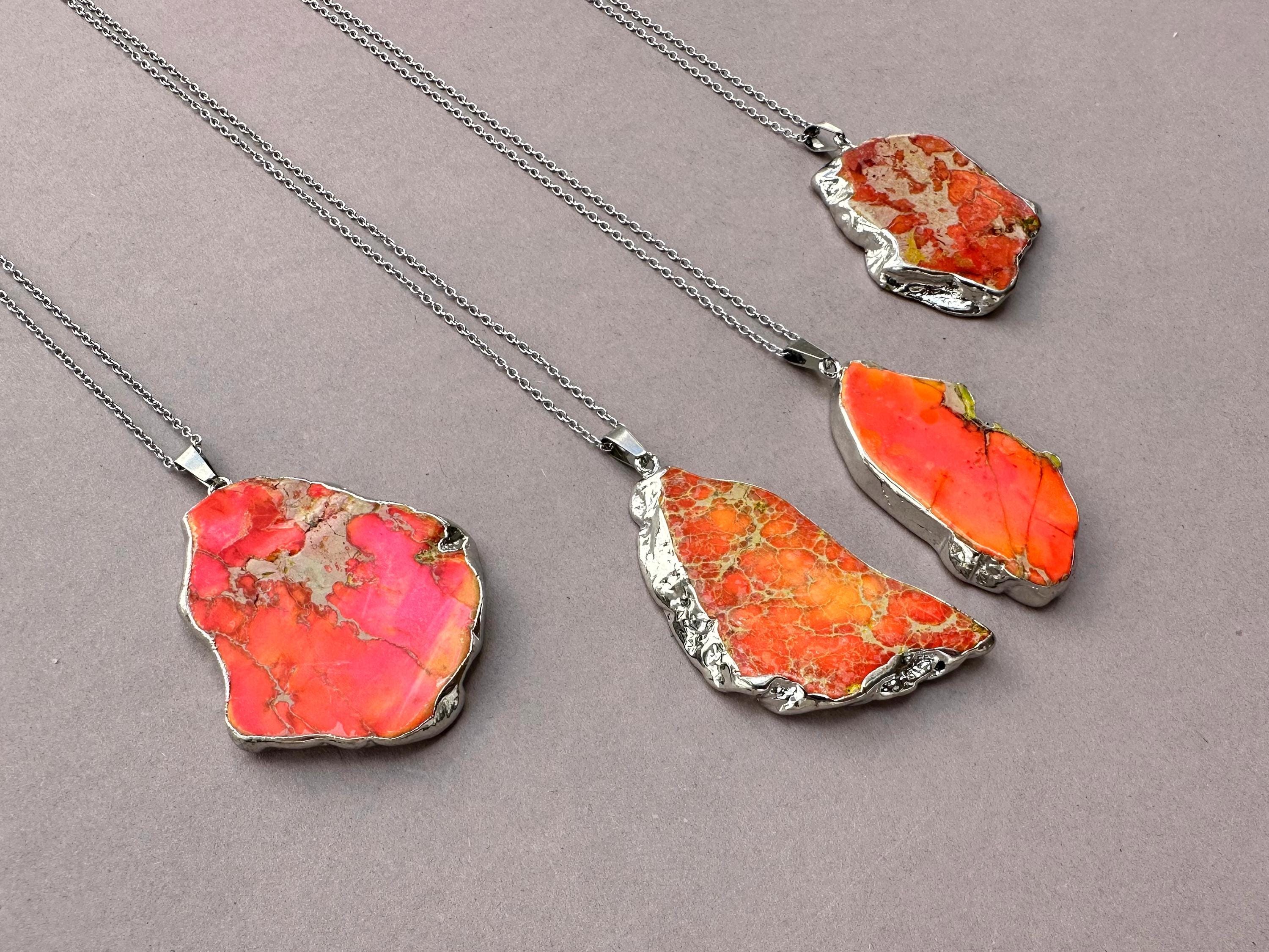 Red Orange Regalite Necklace, Red Jasper Silver Pendant For Man For Woman, Long Necklace, Natural Imperial Jasper Stone, Rustic Boho Jewelry