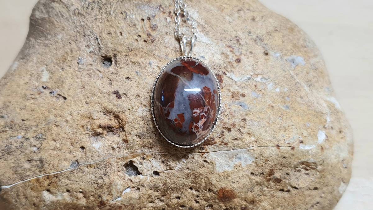Oval Red Jasper Pendant Necklace. Bressicated Jasper Necklace. Reiki Jewelry Uk. 18x13mm Stone