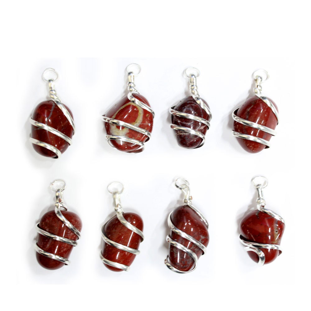Red Jasper Pendant - Silver Tone Spiral Wrapped Tumbled Stone