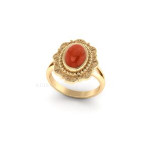 Oval Shape Floral Engraved Red Jasper Gemstone Ring, Heavy Gold Finish Boho Split Band Ring For Girl, Jasper Gemstone Ring For Anniversary