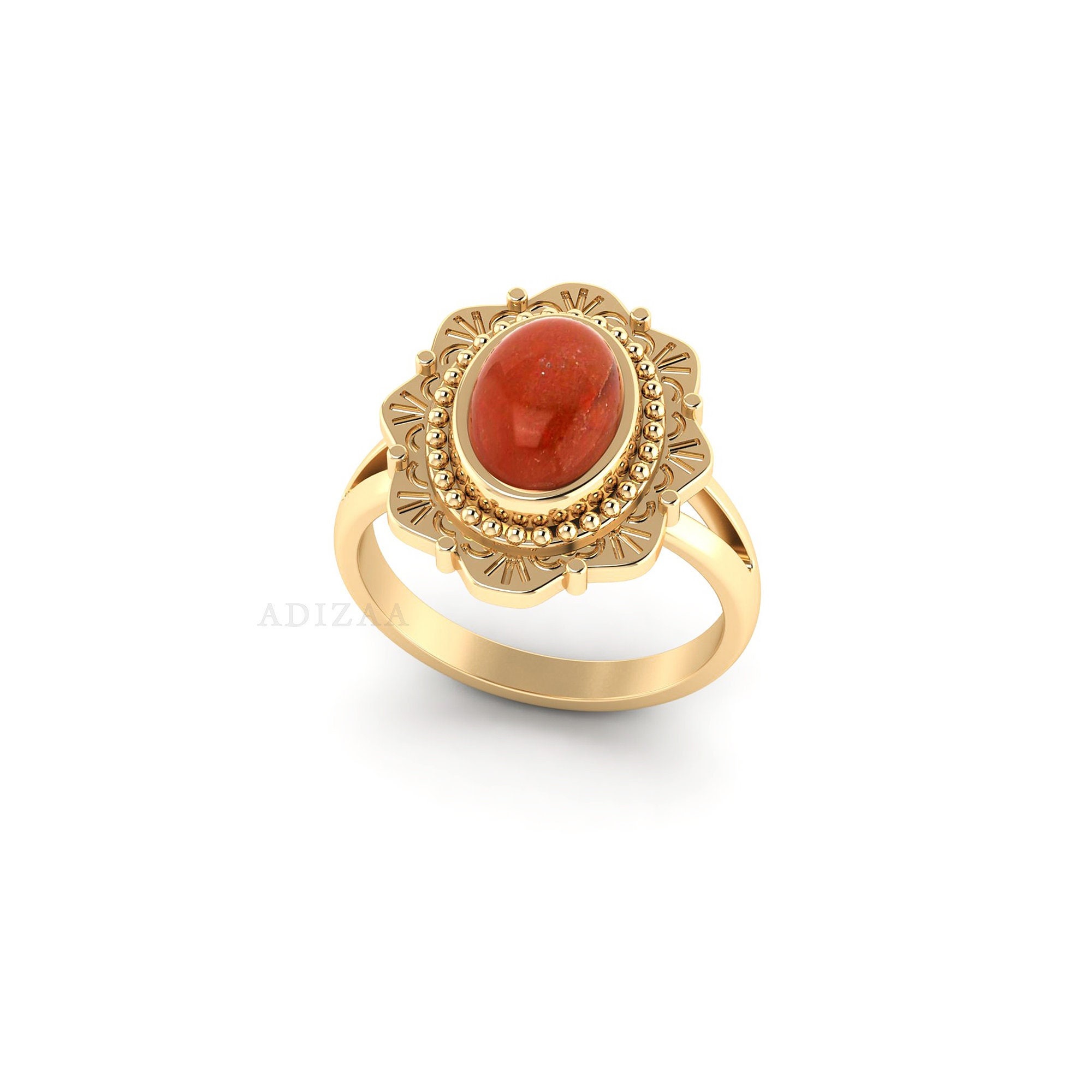 Oval Shape Floral Engraved Red Jasper Gemstone Ring, Heavy Gold Finish Boho Split Band Ring For Girl, Jasper Gemstone Ring For Anniversary