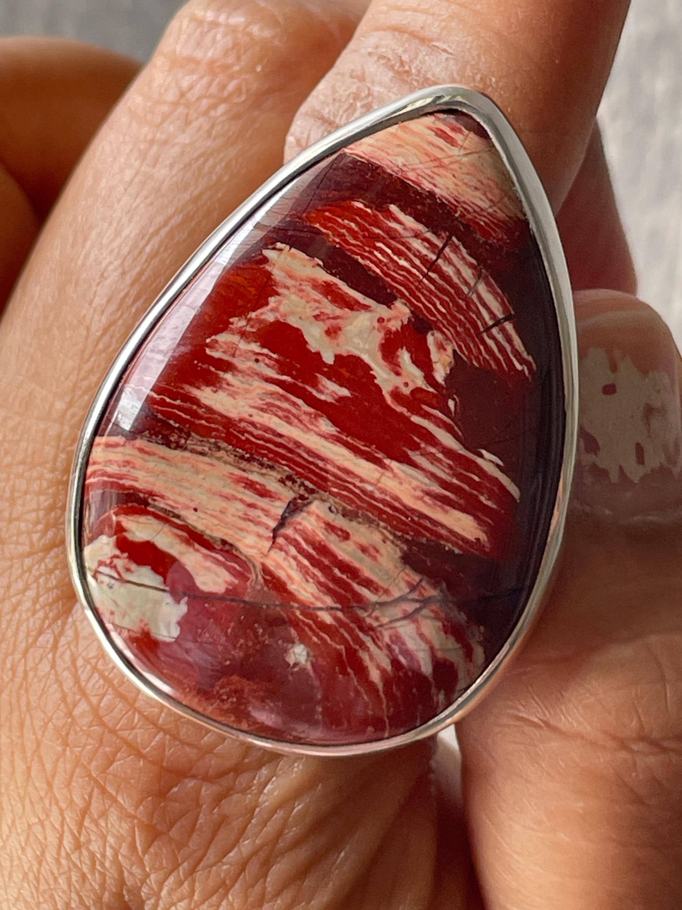 Teardrop Red Jasper 925 Solid Sterling Silver Ring, Natural Gemstone Anniversary Gift