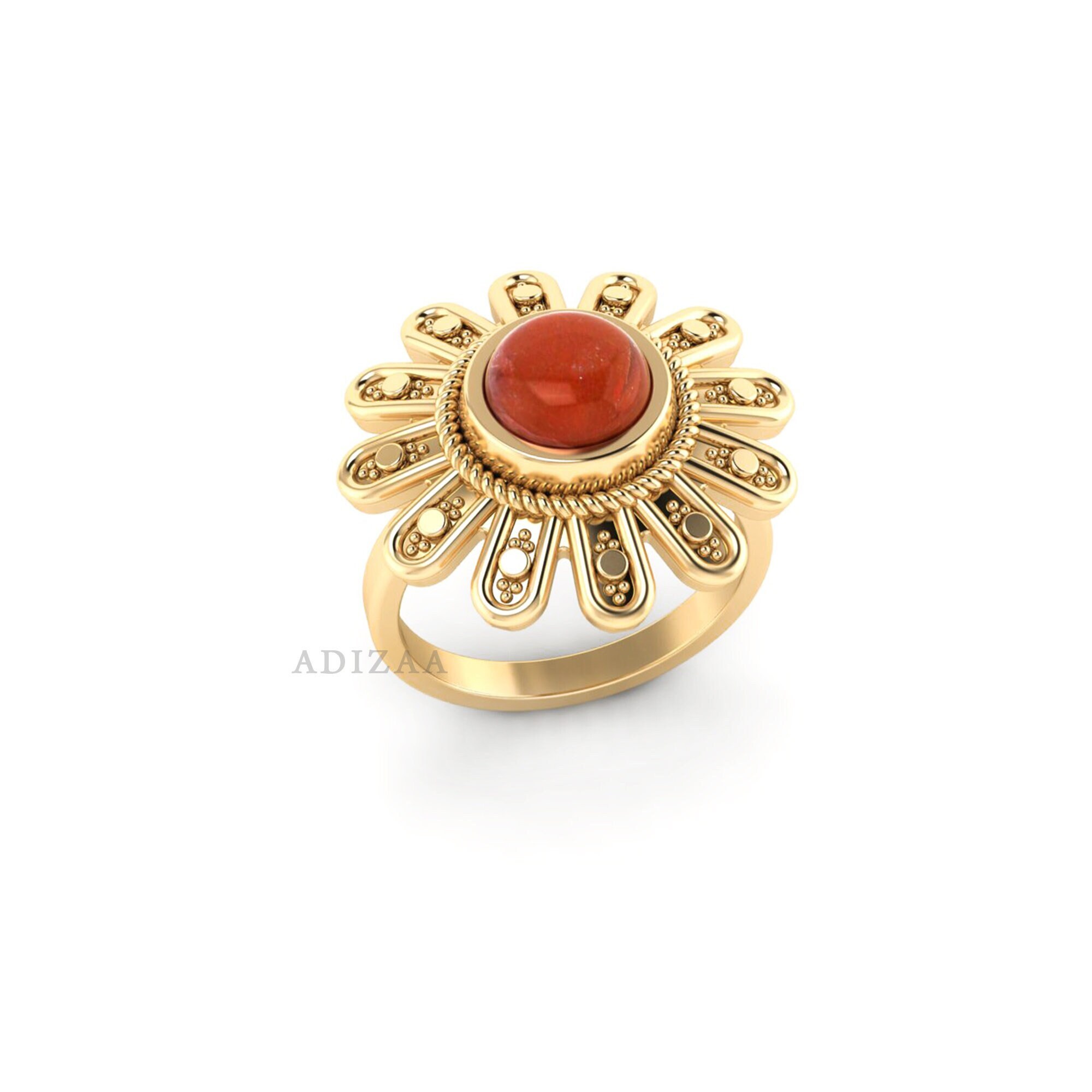 Red Jasper Trible Floral Gemstone Ring, Round Shape Minimalist Ring, Handmade High Quality Gold Finish Flower Ring For Women, Gift For Her