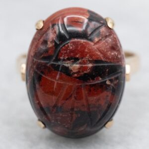Vintage Carved Red Jasper Scarab Ring, 14k Gold