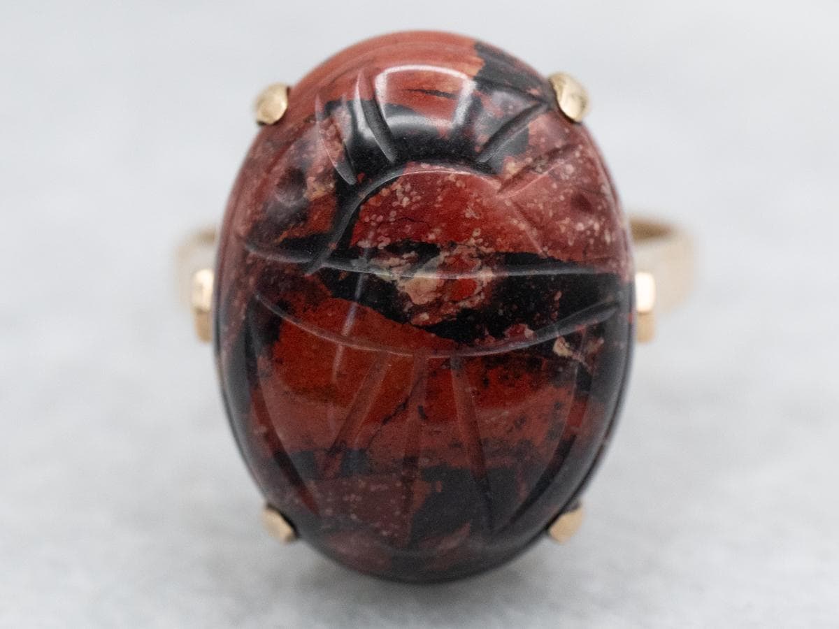 Vintage Carved Red Jasper Scarab Ring, 14k Gold