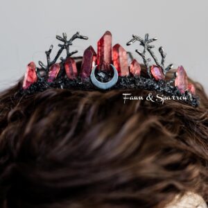 Red Quartz Moon Crystal Crown, Genuine Quartz Black Crystal Headpiece, Gothic Crystal Crown, Wedding, Alt, Witch Crown, Crystal Tiara