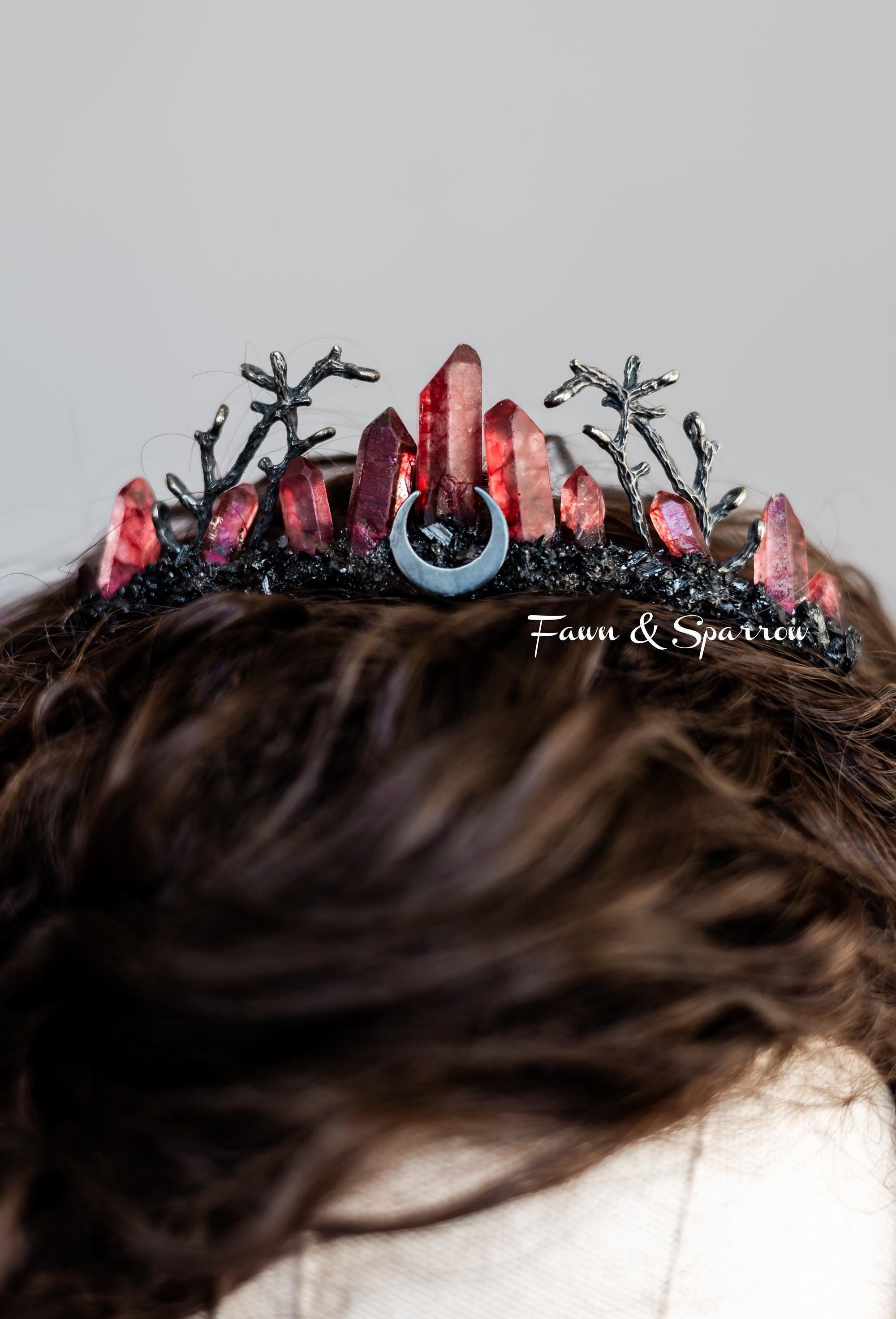 Red Quartz Moon Crystal Crown, Genuine Quartz Black Crystal Headpiece, Gothic Crystal Crown, Wedding, Alt, Witch Crown, Crystal Tiara