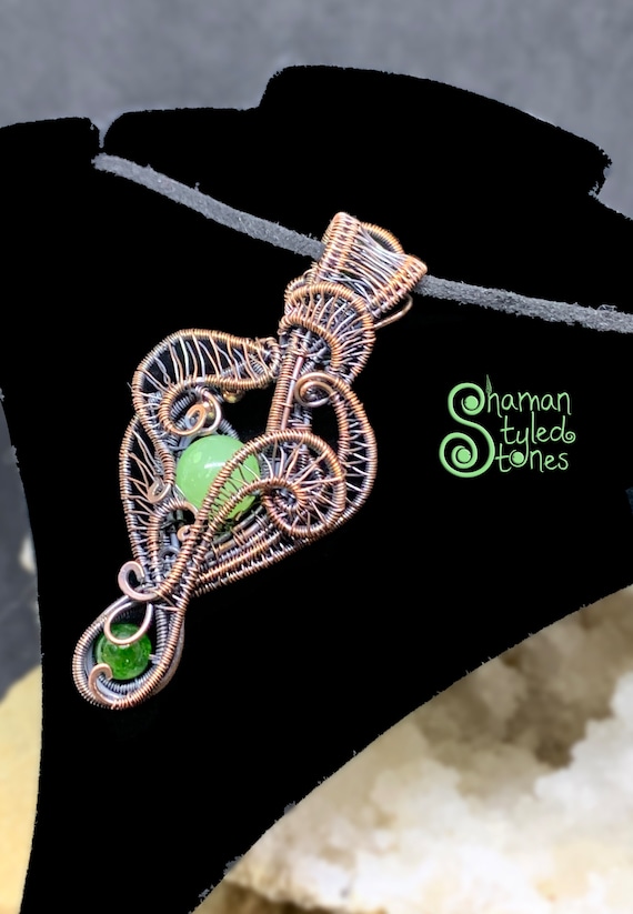 Reversable Green Calcite Bead With Diopside, Shaman Styled In Oxidized Copper
