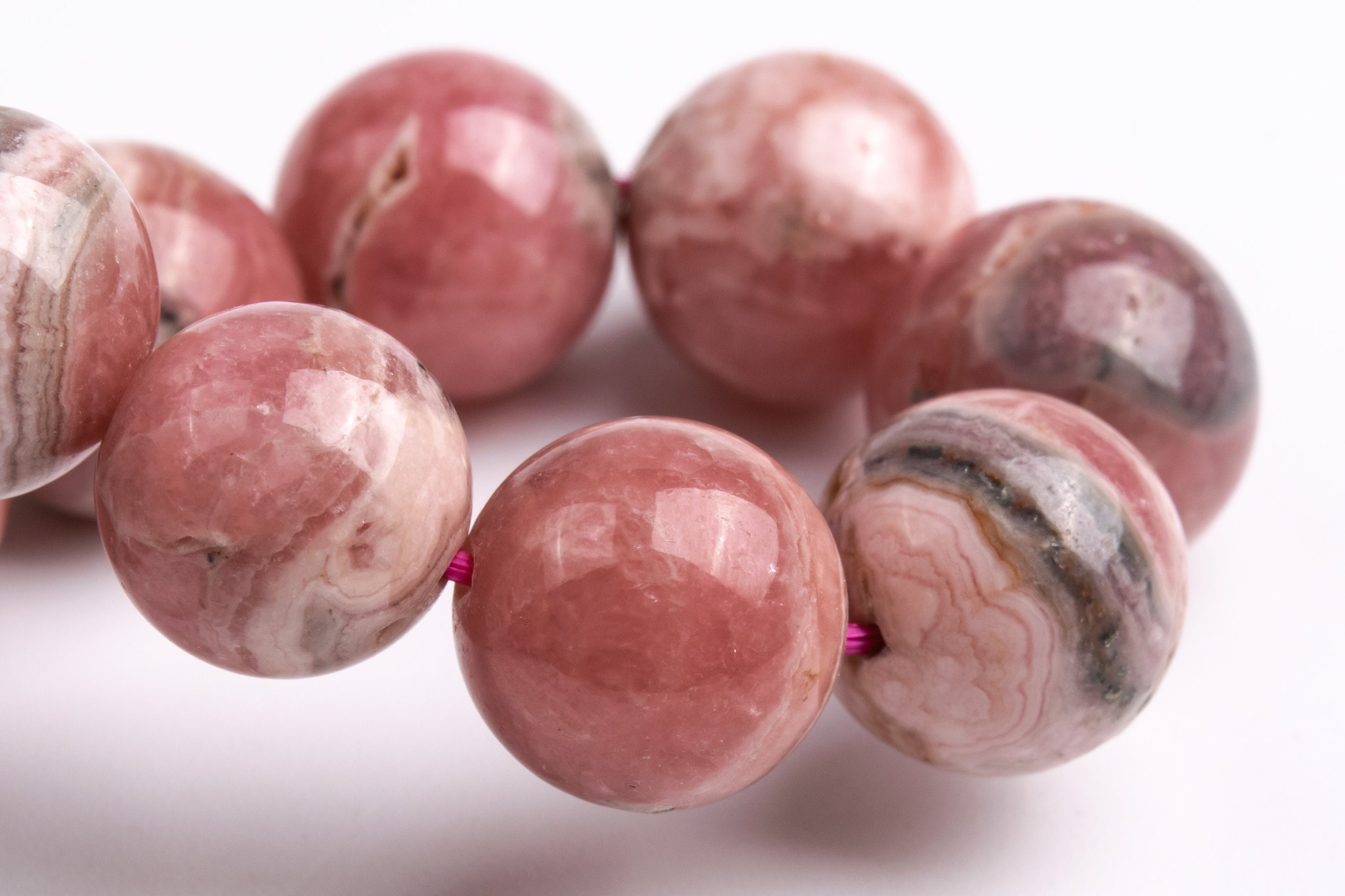 12-13mm Argentina Rhodochrosite Beads Gray Pink Bracelet Grade A+ Genuine Natural Round Gemstone 8" (123512h-58)