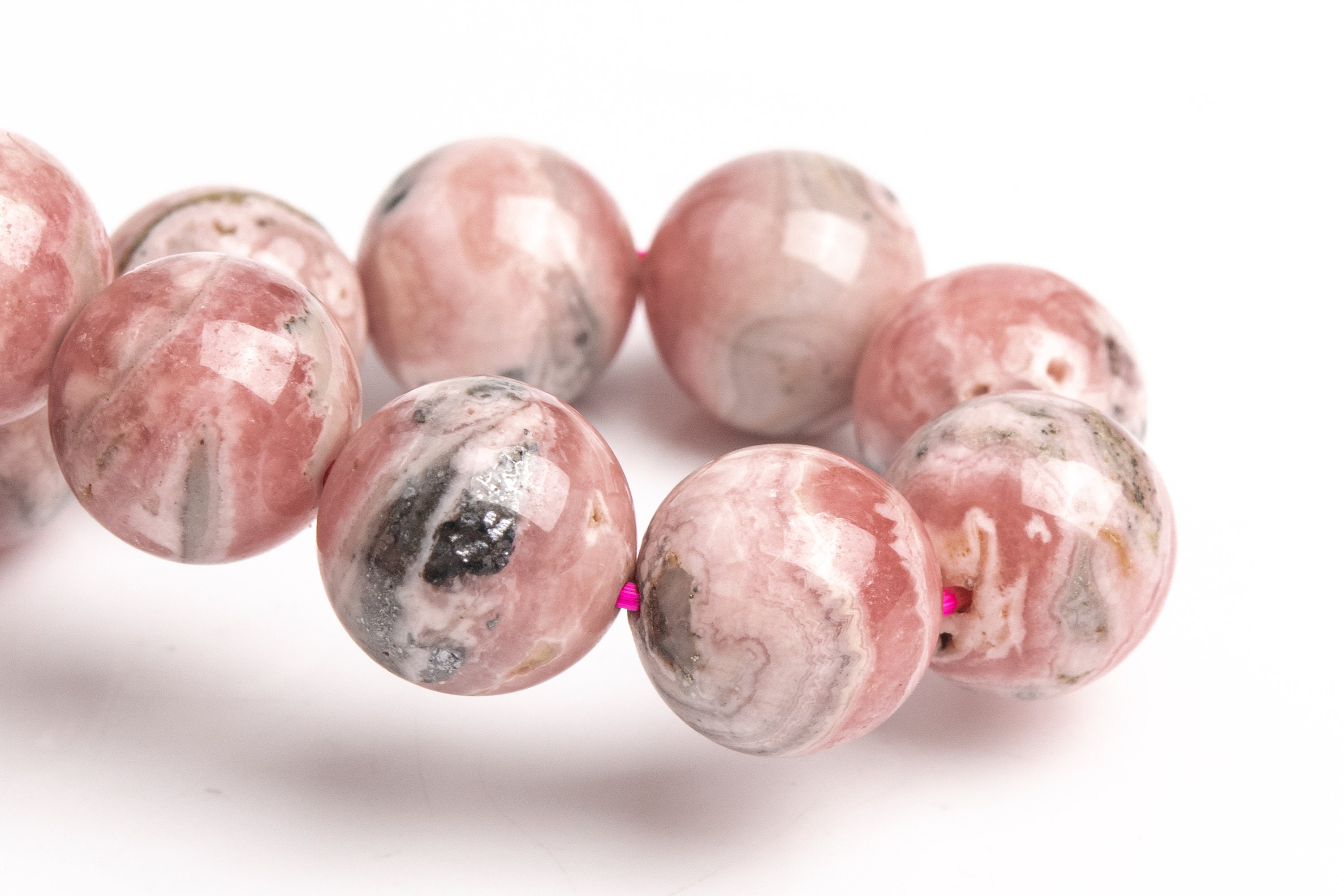 12mm Argentina Rhodochrosite Beads Gray Pink Bracelet Grade A+ Genuine Natural Round Gemstone 8" (123492h-1978)