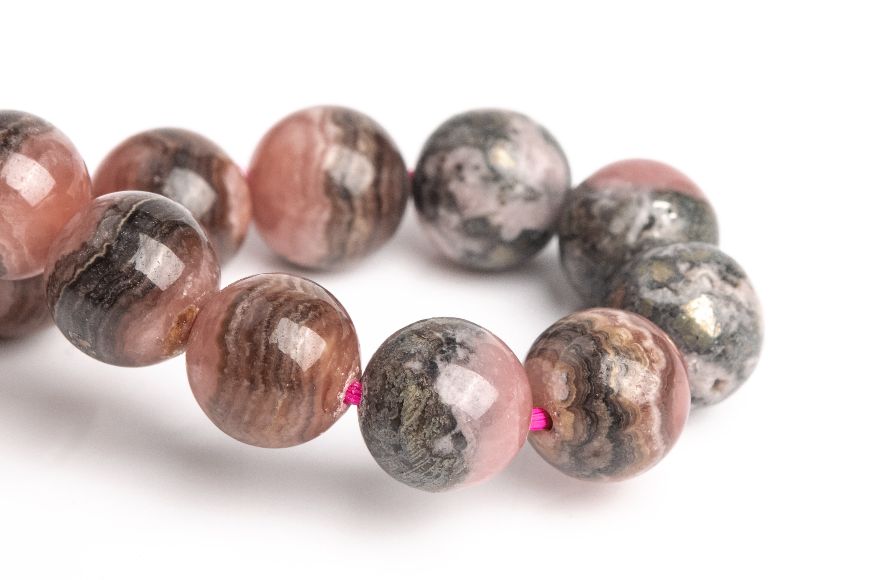8-9mm Argentina Rhodochrosite Beads Black Pink Bracelet Genuine Natural Round Gemstone 7" (123335h-3000)