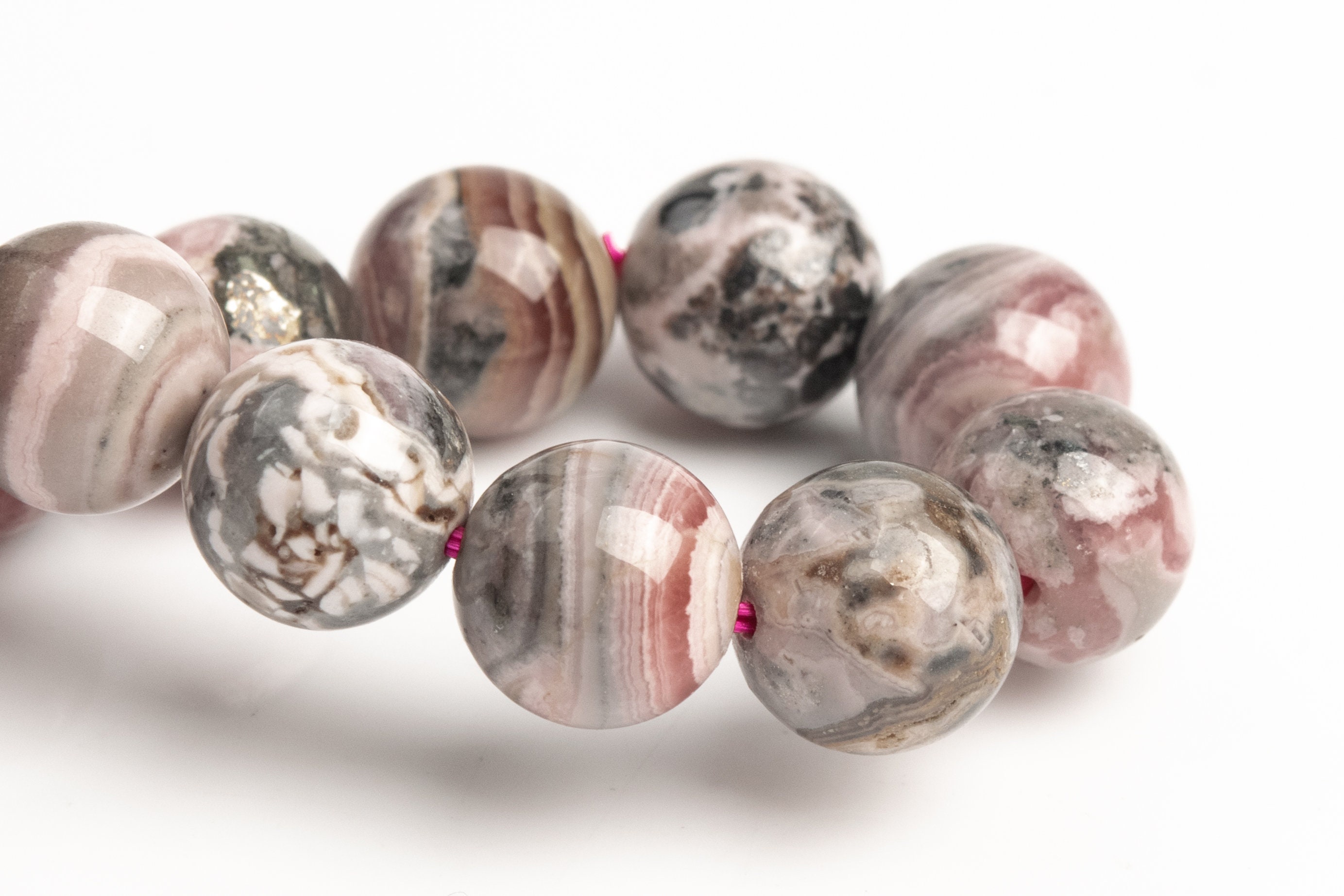 9-10mm Argentina Rhodochrosite Beads Gray Pink Bracelet Grade Ab Genuine Natural Round Gemstone 7" (123420h-1495)