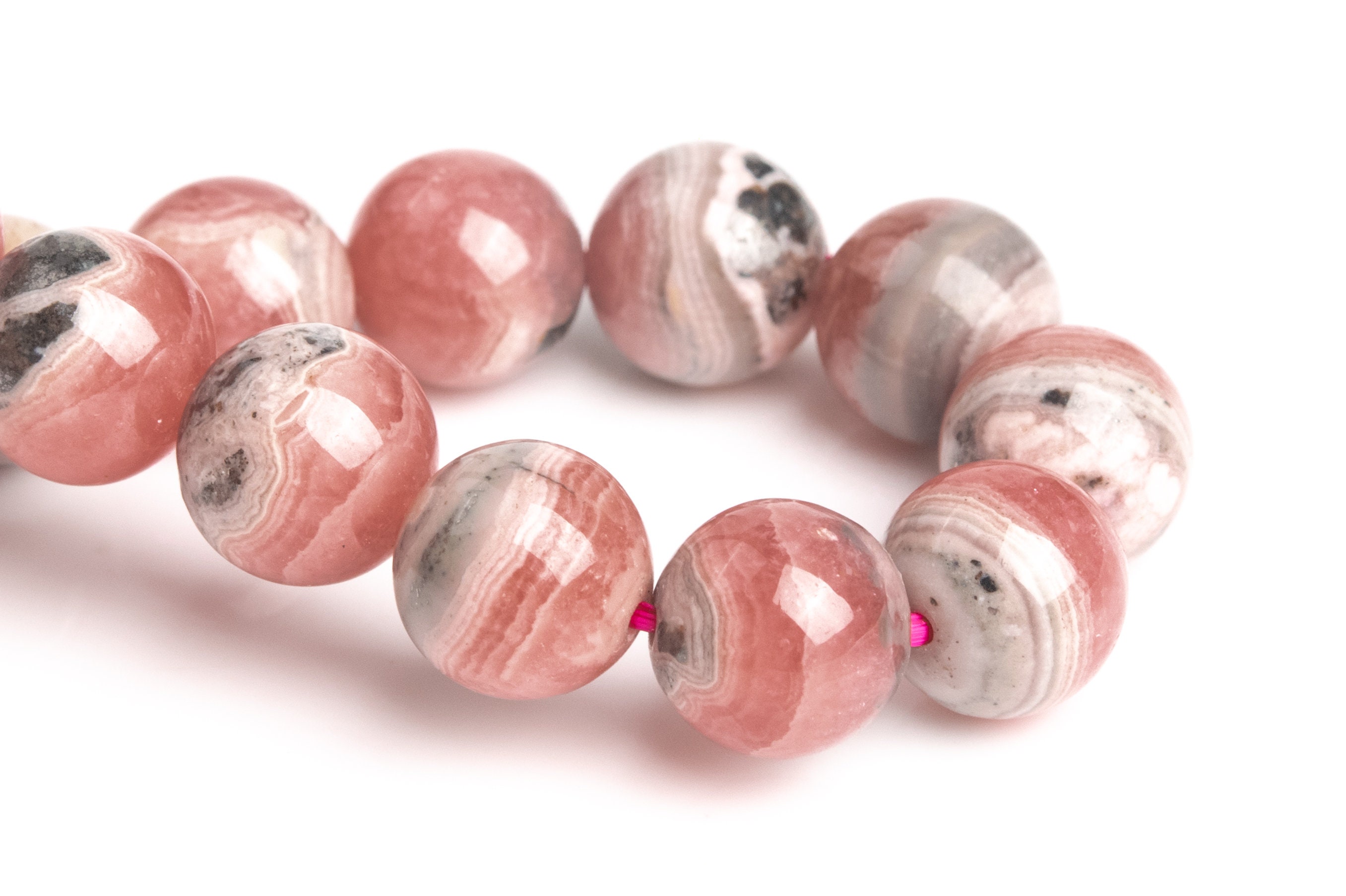 9mm Argentina Rhodochrosite Beads Gray Pink Lace Bracelet Grade Aa Genuine Natural Round Gemstone 7" (123392h-3005)