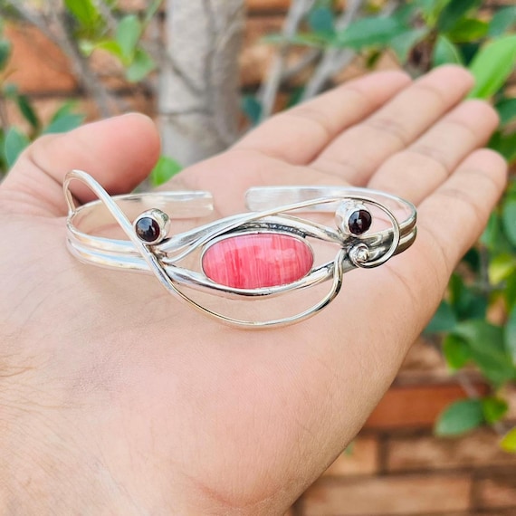 Rhodochrosite Bangle, 925 Sterling Silver, Adjustable Bangle, Boho Jewelry