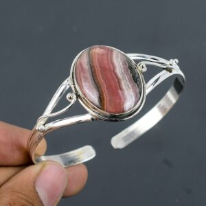 Rhodochrosite Cuff Bracelet: Handmade 925 Sterling Silver Adjustable Bangle Rhodochrosite Cuff Bracelet: Handmade 925 Sterling Silver Adjustable Bangle