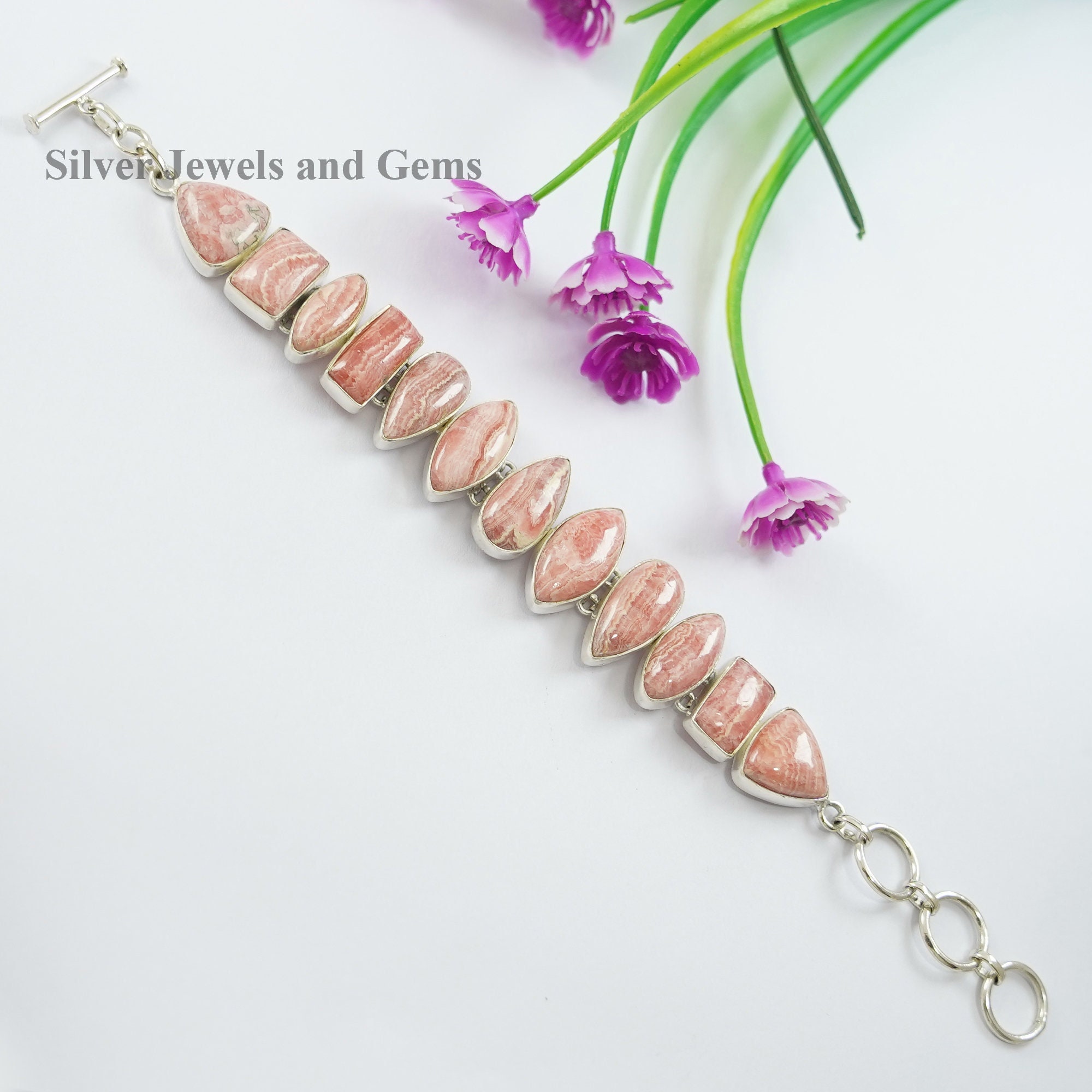 Rhodochrosite Gemstone Bracelet, Handmade 925 Sterling Silver Cluster Bracelet