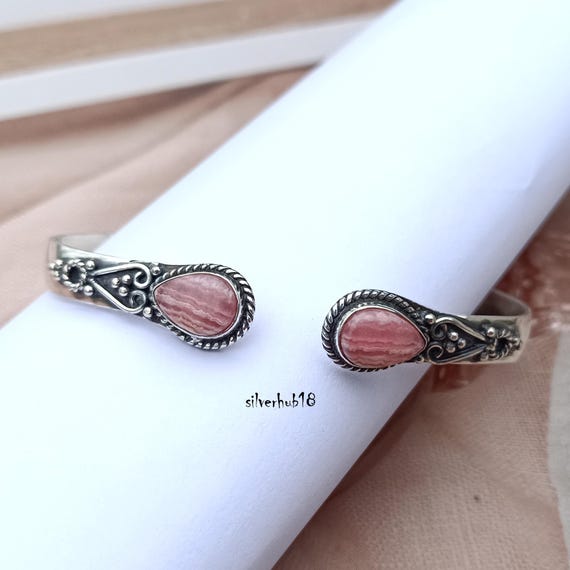 Handmade Rhodochrosite Bangle: 925 Sterling Silver Adjustable Gemstone Bracelet Handmade Rhodochrosite Bangle: 925 Sterling Silver Adjustable Gemstone Bracelet