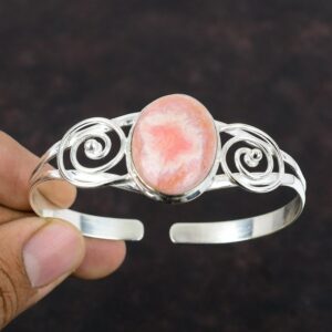 Handmade Rhodochrosite Cuff: 925 Sterling Silver Adjustable Bangle Handmade Rhodochrosite Cuff: 925 Sterling Silver Adjustable Bangle
