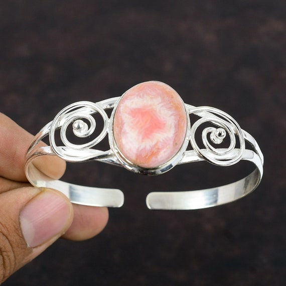 Handmade Rhodochrosite Cuff: 925 Sterling Silver Adjustable Bangle Handmade Rhodochrosite Cuff: 925 Sterling Silver Adjustable Bangle