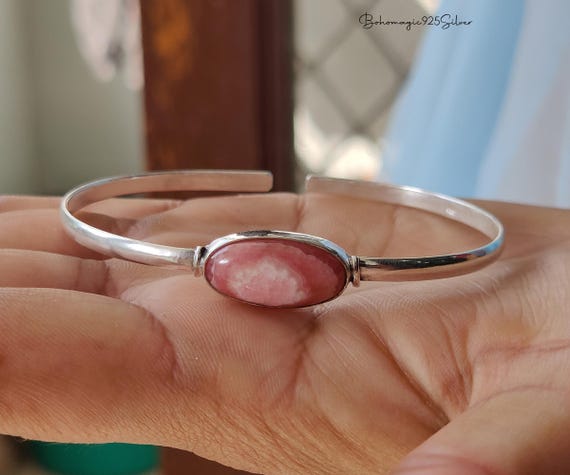 Natural Rhodochrosite Gemstone Bangle, Sterling Silver Bracelet, Women's Jewelry Natural Rhodochrosite Gemstone Bangle, Sterling Silver Bracelet, Women's Jewelry